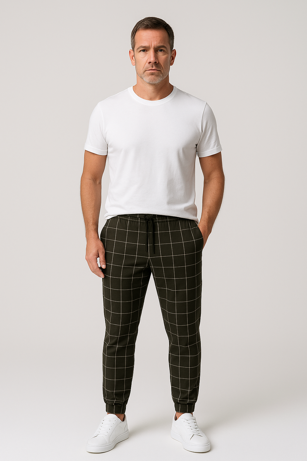 Men’s Casual Trousers – Grid Print with Adjustable Drawstring