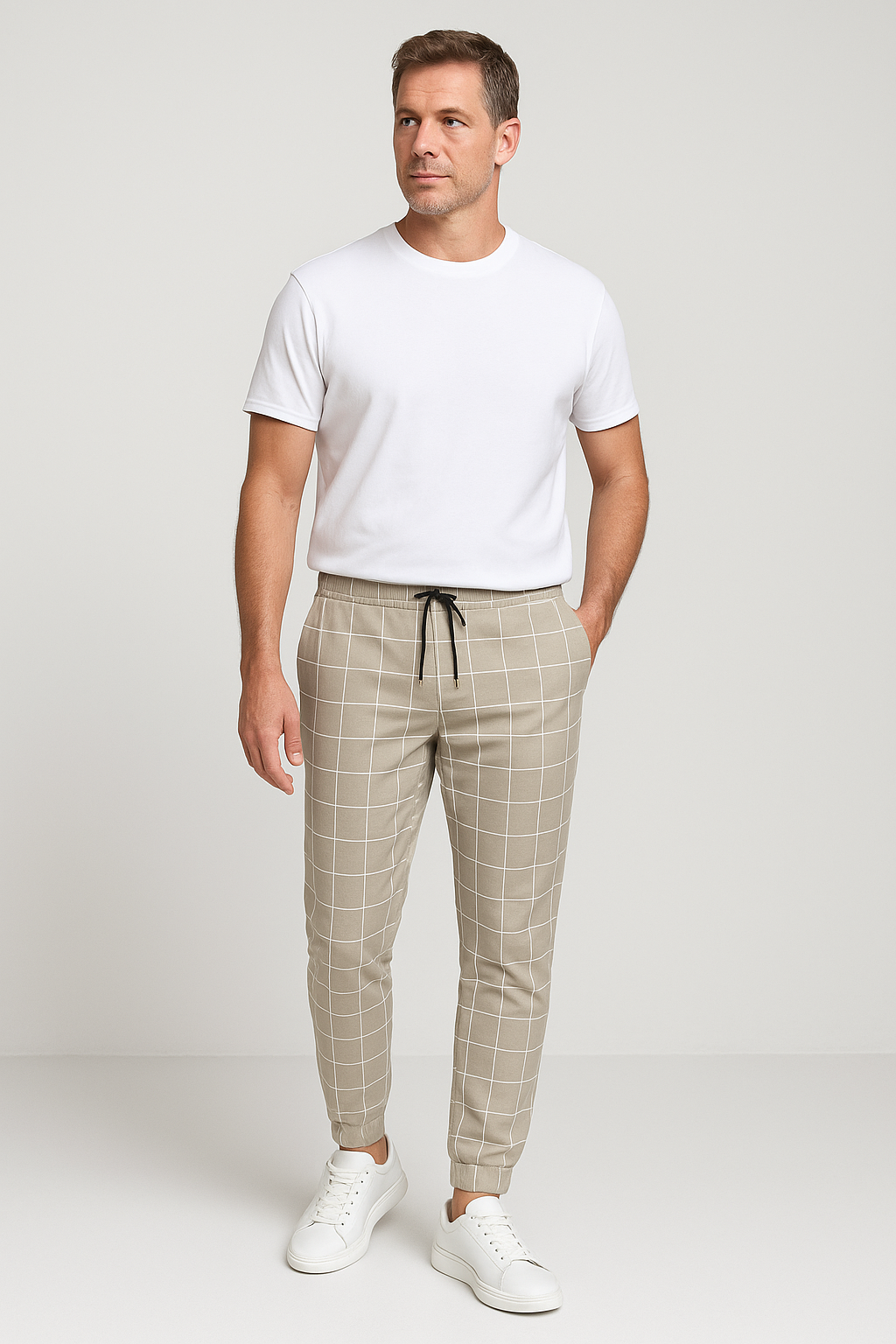 Men’s Casual Trousers – Grid Print with Adjustable Drawstring