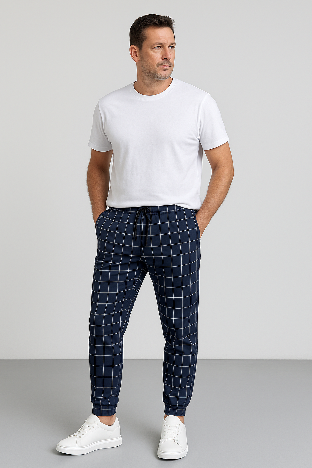 Men’s Casual Trousers – Grid Print with Adjustable Drawstring