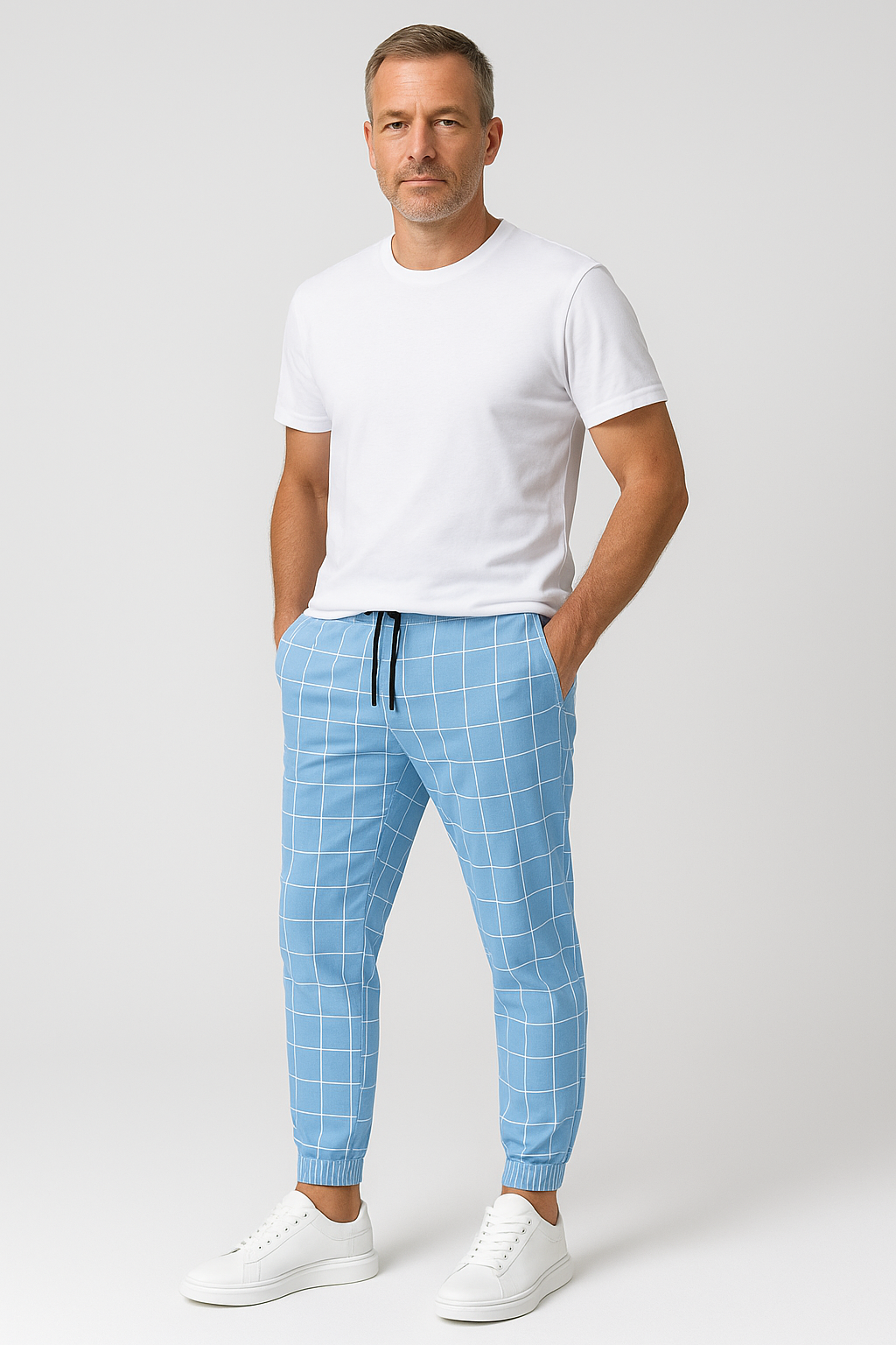 Men’s Casual Trousers – Grid Print with Adjustable Drawstring