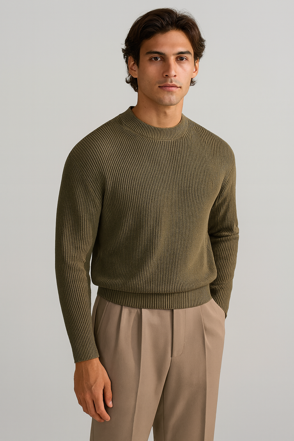 Refined Comfort – Olive Ribbed Crew Neck Jumper