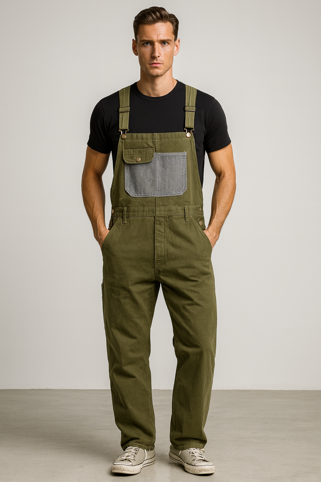 Men’s Casual Vintage Cargo Overalls with Multiple Pockets.