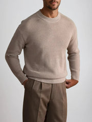 Refined Simplicity – Beige Ribbed Crew Neck Jumper