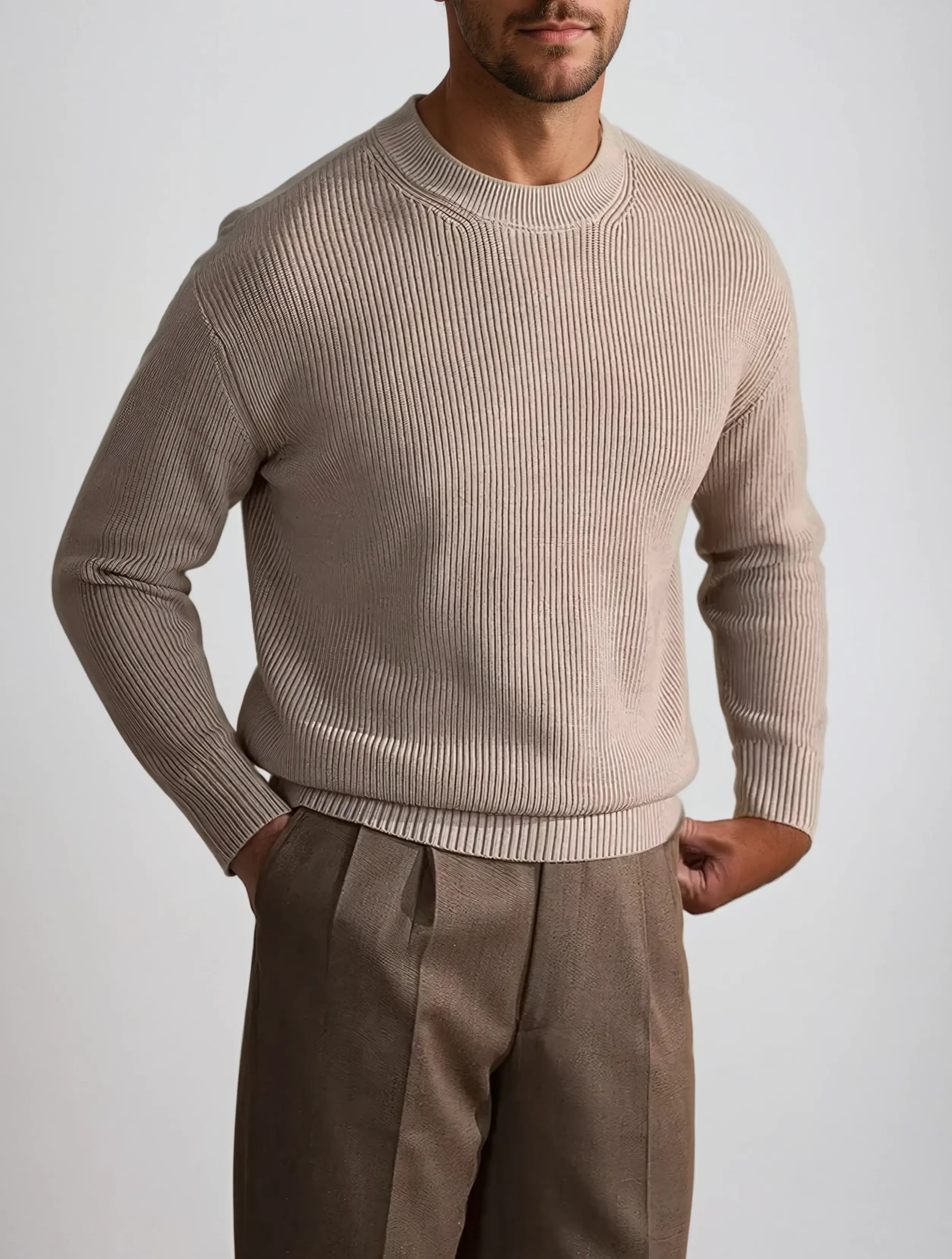 Refined Simplicity – Beige Ribbed Crew Neck Jumper