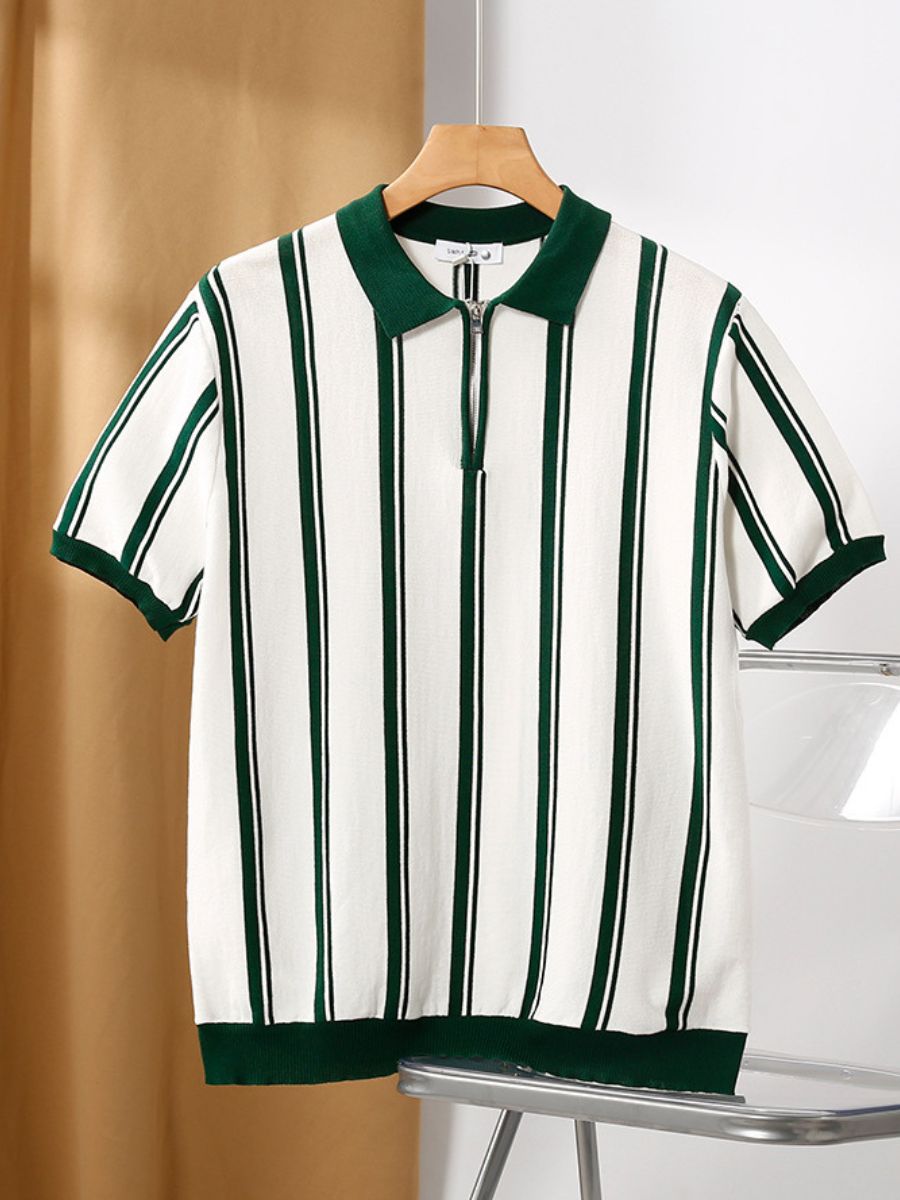 Quarter-Zip Polo Shirt with Vertical Stripes