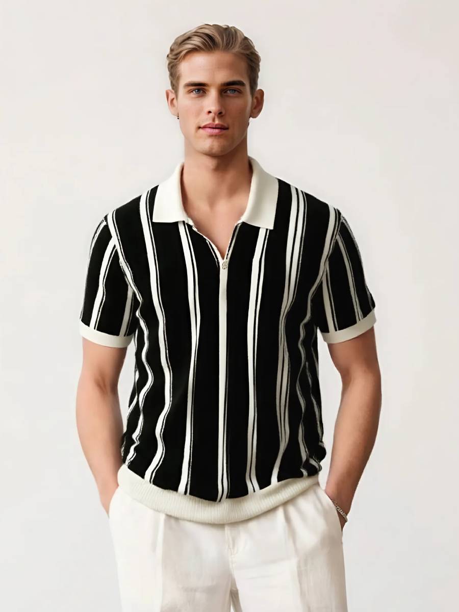 Quarter-Zip Polo Shirt with Vertical Stripes