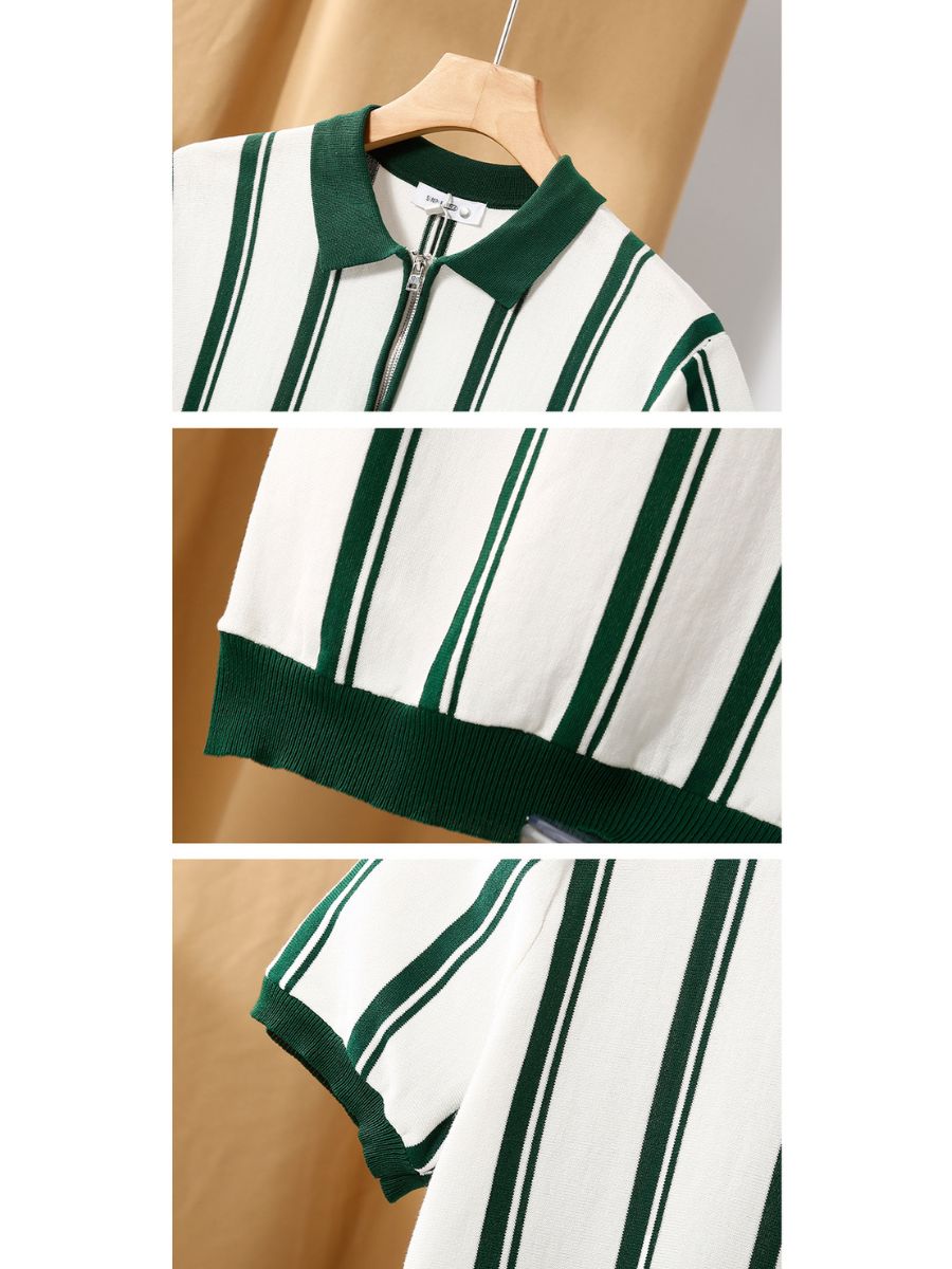 Quarter-Zip Polo Shirt with Vertical Stripes