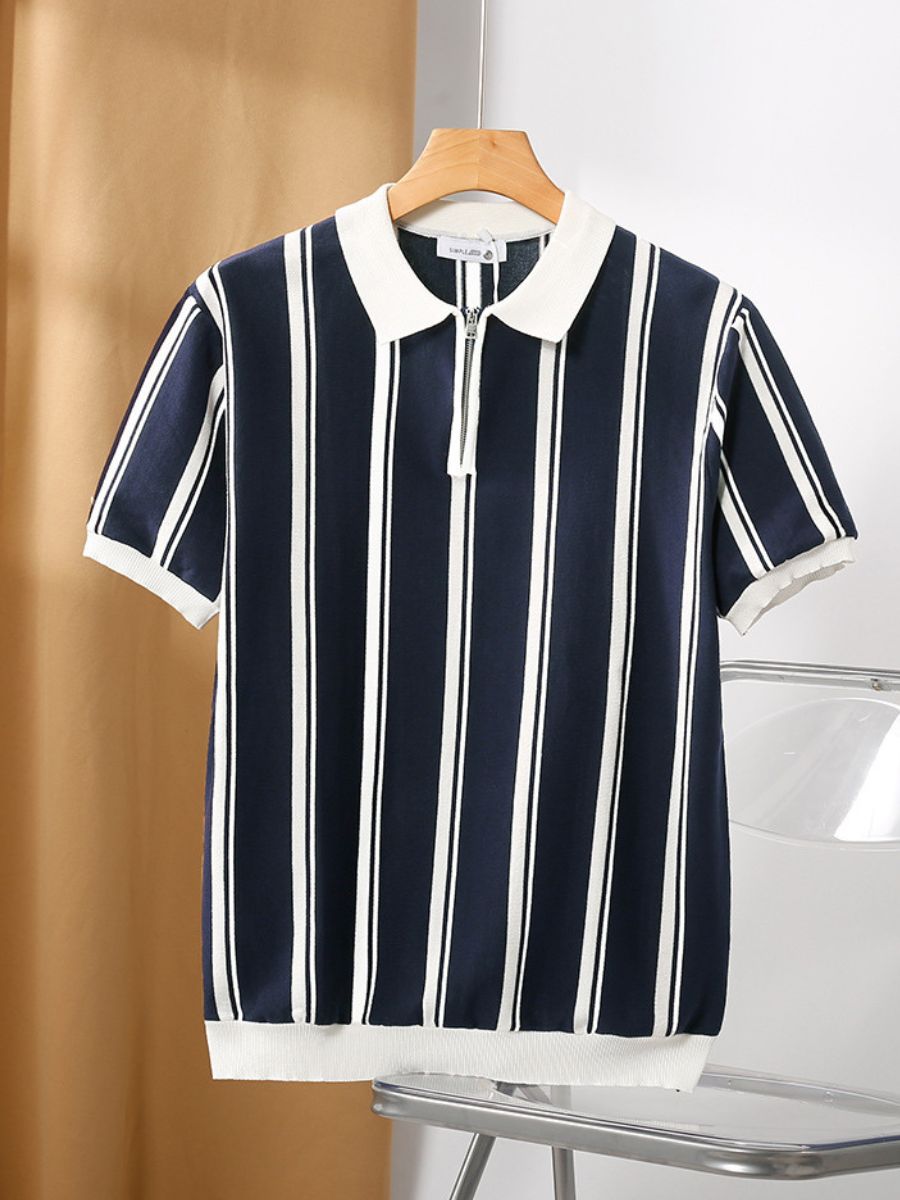 Quarter-Zip Polo Shirt with Vertical Stripes
