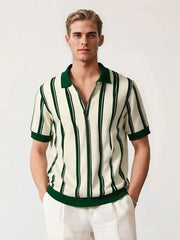 Quarter-Zip Polo Shirt with Vertical Stripes