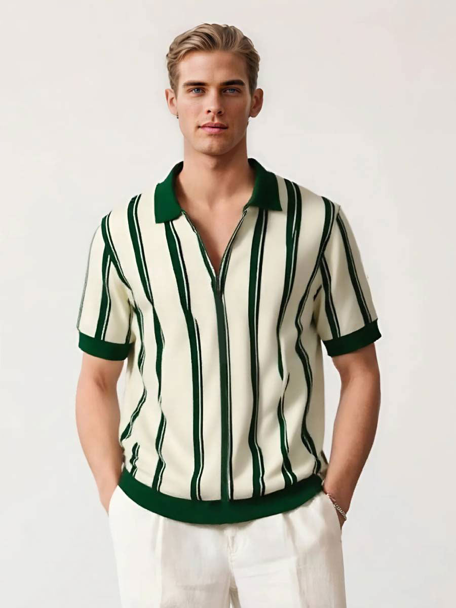 Quarter-Zip Polo Shirt with Vertical Stripes