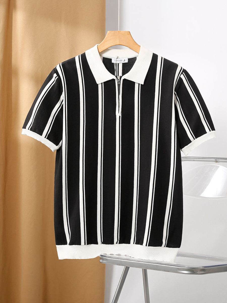 Quarter-Zip Polo Shirt with Vertical Stripes