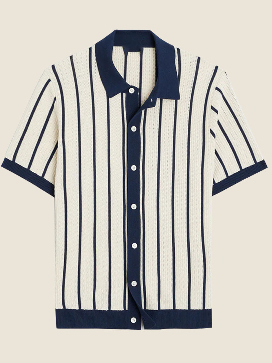 Men’s White Short-Sleeve Knitted Polo with Stripes
