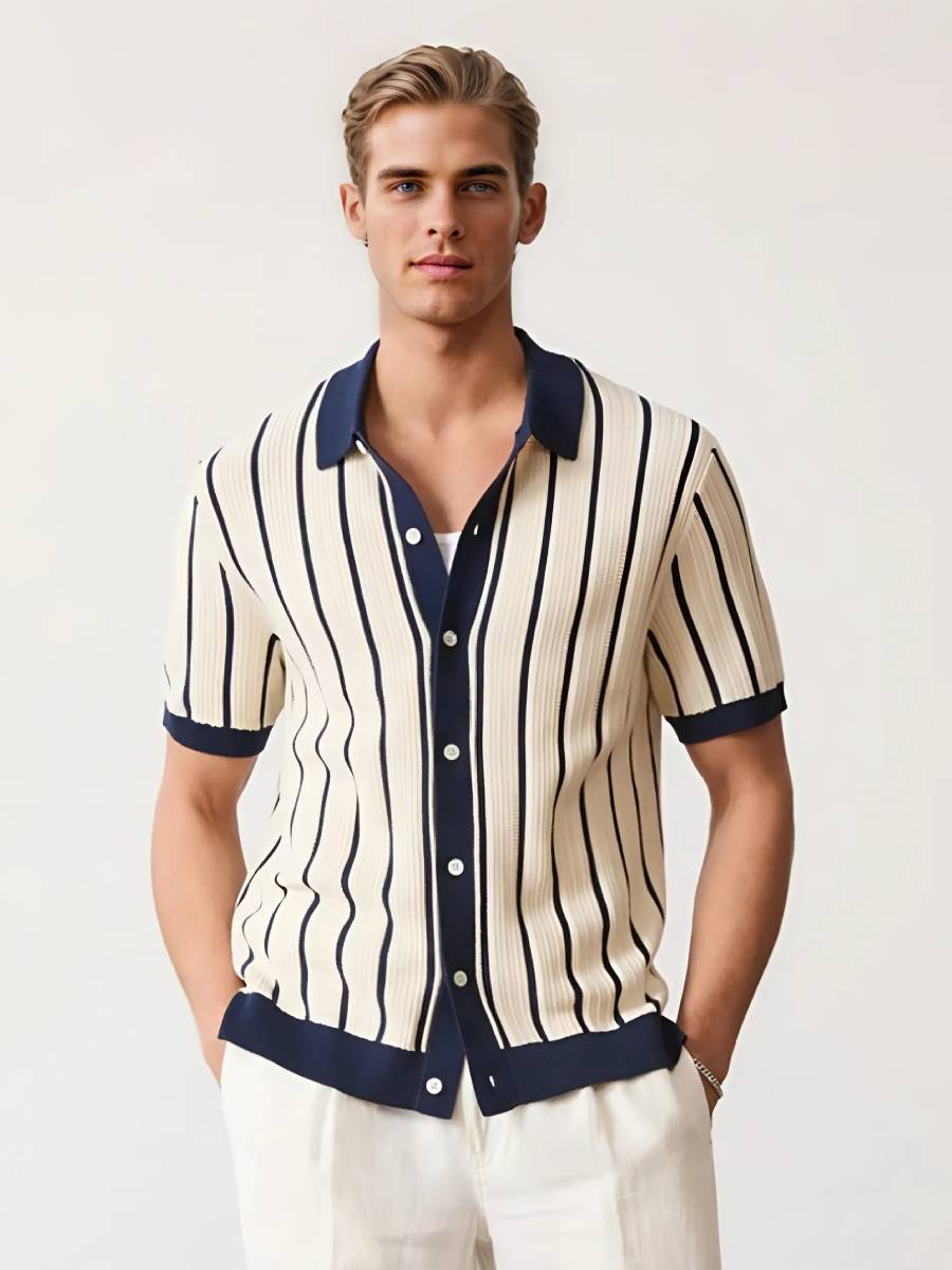 Men’s White Short-Sleeve Knitted Polo with Stripes