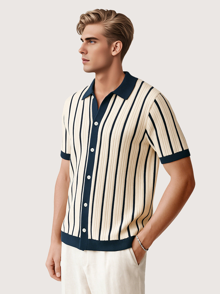 Men’s White Short-Sleeve Knitted Polo with Stripes