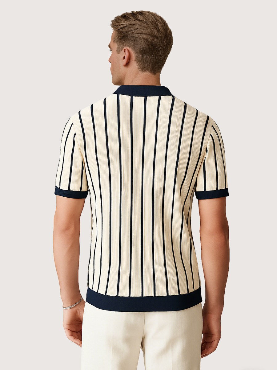 Men’s White Short-Sleeve Knitted Polo with Stripes